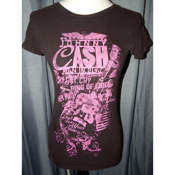 Vintage Size Medium Johnny Cash Babydoll Fit Tee Black & Hot Pink - Picture 1 of 4